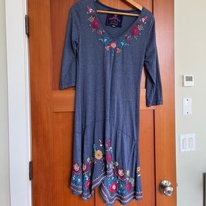 JOHNY WAS size medium blue with embroidered neck and bottom